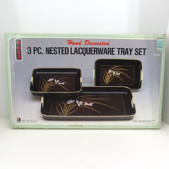Vintage Asahi Trading Co Inc 3 Pc Nested Lacquerware Tray Set Floral Design - Picture 1 of 10